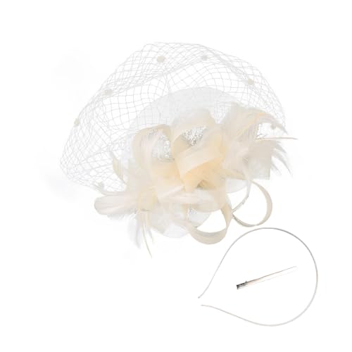 Fascinators für Frauen 1920er Jahre Teeparty Hut Federn Schleier Mesh Stirnband Braut Kopfschmuck Hochzeit Cocktail Haarreif Karneval Teeparty Kirche Haarschmuck Federkleid (White, One Size) von TIMIYUYU
