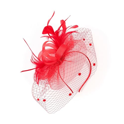 Fascinators für Frauen 1920er Jahre Teeparty Hut Federn Schleier Mesh Stirnband Braut Kopfschmuck Hochzeit Cocktail Haarreif Karneval Teeparty Kirche Haarschmuck Federkleid Kopfschmuck (Red, One Size) von TIMIYUYU