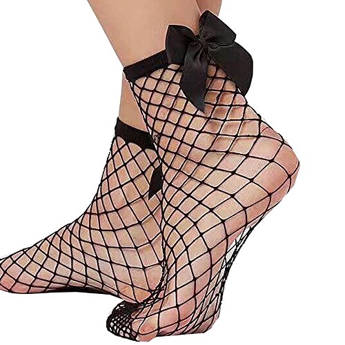 Fischnetz Söckchen Kurze Knöchel Socken Schwarz Netzstrümpfe Transparente Strumpf Gothic Sommer Socken Netz Socken Mesh-Spitze Netzsocken Ankle Socks Fashion Söckchen mit Schleife von TIMIYUYU