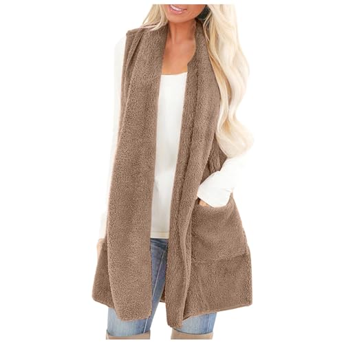 Fleeceweste Damen Plüschweste Fleece Westen Outwear Bequem Ärmellos Cardigan Jacke Winter Übergangsweste Casual Einfarbige Flauschig Longweste Plüsch Mantel Elegance Freizeit Damenwesten (a-Khaki, S) von TIMIYUYU
