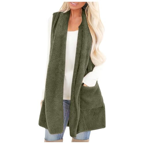 Fleeceweste Damen Plüschweste Fleece Westen Outwear Bequem Ärmellos Cardigan Jacke Winter Übergangsweste Casual Einfarbige Flauschig Longweste Plüsch Mantel Elegance Freizeit Damenwesten (a-Green, S) von TIMIYUYU