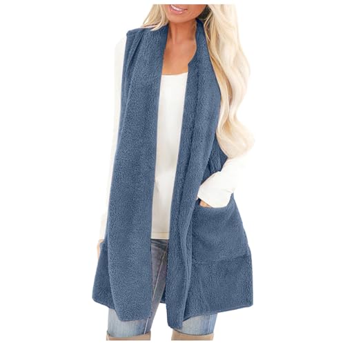 Fleeceweste Damen Plüschweste Fleece Westen Outwear Bequem Ärmellos Cardigan Jacke Winter Übergangsweste Casual Einfarbige Flauschig Longweste Plüsch Mantel Elegance Freizeit Damenwesten (a-Blue, M) von TIMIYUYU