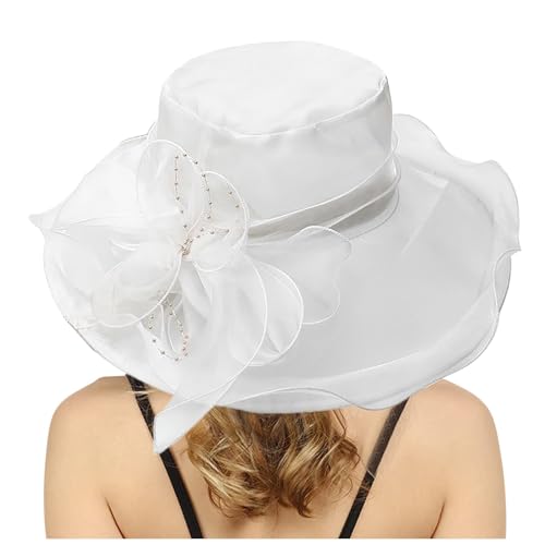 Frauen OrganzaHut Fascinator Kirche Hut Sonnenschutz Kappe Frauen Blumen Fascinator Hochzeitshut Braut Blumen Sommerhut Breite Krempe Damenhut Brauthut Sonnenhut Strandhut, Schleife, (White, One Size) von TIMIYUYU