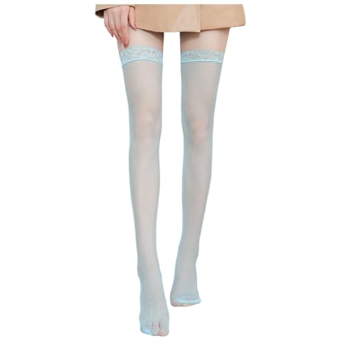 Halterlose Netzstrümpfe Spitzenstrümpfe Oberschenkelhohe Strümpfe für Damen Overknees Fischnetz Stockings Sexy Oberschenkel Spitze Transparent Strümpfe Elasthan Netzstrümpfe mit (Light Blue, One Size) von TIMIYUYU