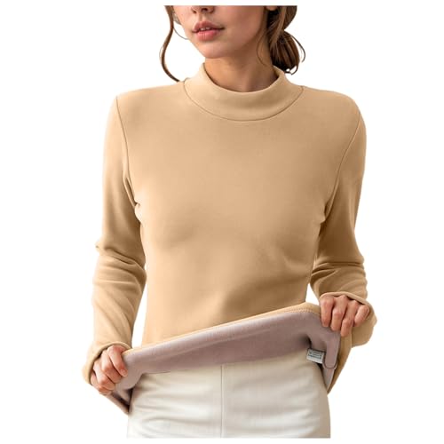 Innenfleece Thermounterwäsche Damen Thermounterhemd Thermo Shirt Winter Langarmshirt Warm Thermo Slim Fit Basic Tops Warme Winter Thermal Base Layer Rollkragenpullover Warme Skiunterwäsche (Khaki, L) von TIMIYUYU