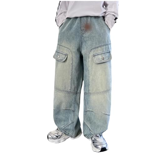 Jungen Jeanshose Denimhose Baggy Jeans Cargohose Kinder Straight Jeans Weite Bein Denimhose Jeanshose Loose Fit Denim Relaxed Denimhose Lässige Hosen Mode Stretch Breite Streetwear für 4-12 Jahre von TIMIYUYU