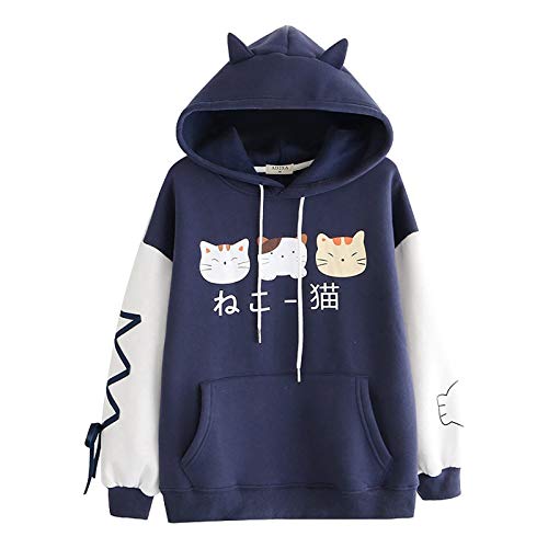 Kawaii Hoodie für Teenager Mädchen Kapuzenpullover Cartoon Hoodies Bequem Casual Pulli Pullover mit Kapuze Langarm Sweatshirt Kawaii Katze Pullover Outwear (Y10-Blue, M) von TIMIYUYU