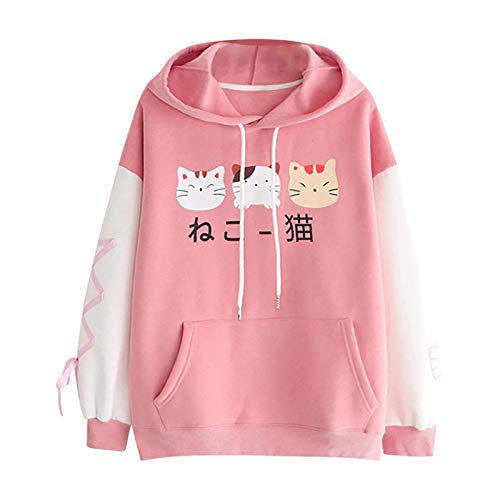 Kawaii Hoodie für Teenager Mädchen Kapuzenpullover Cartoon Hoodies Bequem Casual Pulli Pullover mit Kapuze Langarm Sweatshirt Kawaii Katze Pullover Outwear (Y10-Pink, S) von TIMIYUYU