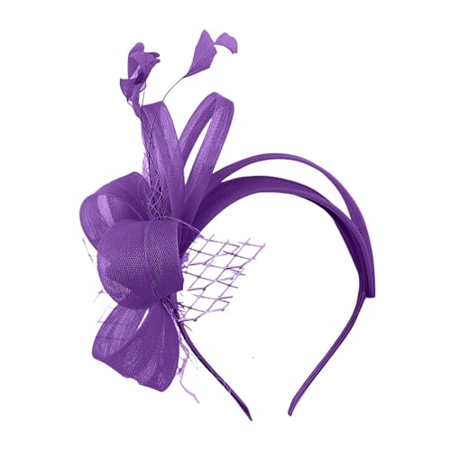 Kopfschmuck für Cocktail Teepartys Stirnband Fascinator Damen Mädchen Haarreifen Tüll Fascinator Mit Federn für Damen Modisches Make-up-Stirnband 20er 50er Schleier Hut Federn (Purple, One Size) von TIMIYUYU