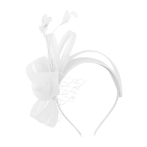 Kopfschmuck für Cocktail Teepartys Stirnband Fascinator Damen Mädchen Haarreifen Tüll Fascinator Mit Federn für Damen Modisches Make-up-Stirnband 20er 50er Schleier Hut Federn (White, One Size) von TIMIYUYU