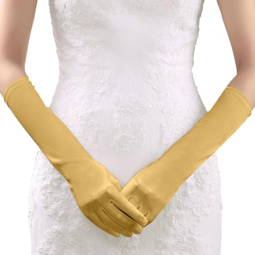 Lang Satinhandschuhe Abendhandschuhe Opernhandschuhe Abend Party Handschuhe Dehnbare 1920er Jahre Retro Armstulpen Handschuhe für Frauen Mädchen Halloween Cosplay Karneval Jahrestag (Gold, One Size) von TIMIYUYU