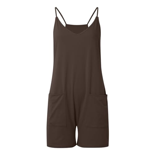 Latzhose Damen Kurz Lose SommerJumpsuit Damen Lässig Overall Kurze Hose Verstellbar Schulter Strampelanzug mit Große Taschen V-Ausschnitt Rompers Spaghetti-Träger Lässig Freizeit (Coffee-a, L) von TIMIYUYU