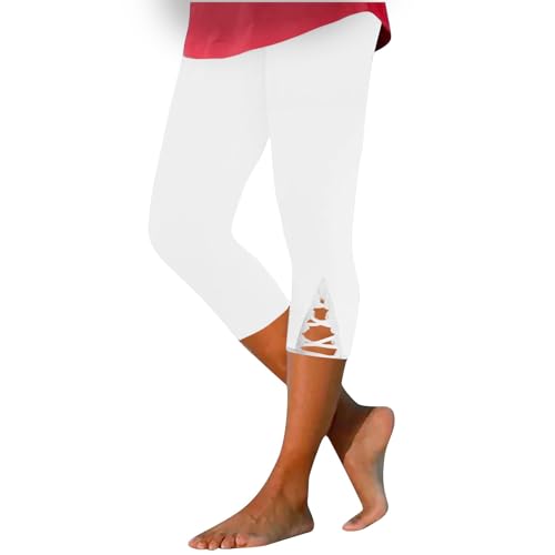 Leggings mit Spitze für Damen 3/4 Capri Leggins Blickdicht Kurze Sporthose Elastisch Yogahose Laufhose Hose Sommerleggings Damen Caprihose Leicht Leggins 7/8 Freizeithose Hohe Taille Slim (White, L) von TIMIYUYU