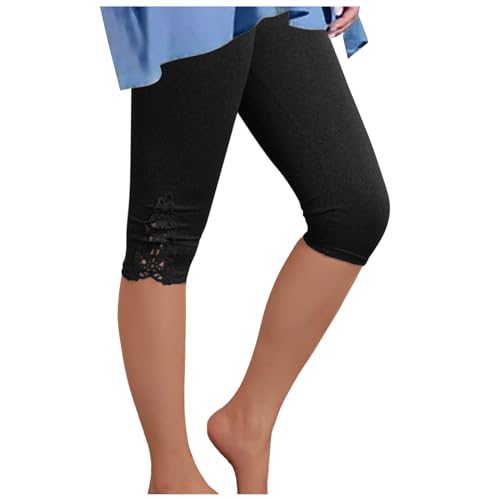 Leggings mit Spitze für Damen 3/4 Capri Leggins Elastische Blickdicht Yogahose Sporthose Laufhose Frauen Caprihose Freizeit Bequeme Freizeithose Sommerhose Hohe Taille Sportleggins Slim (Black, XXXL) von TIMIYUYU