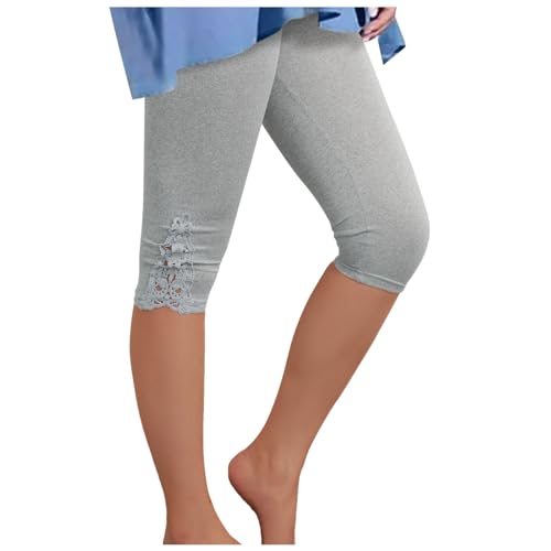 Leggings mit Spitze für Damen 3/4 Capri Leggins Elastische Blickdicht Yogahose Sporthose Laufhose Frauen Caprihose Freizeit Bequeme Freizeithose Sommerhose Hohe Taille Sportleggins Slim (Grey, L) von TIMIYUYU