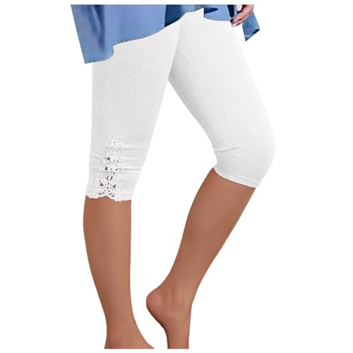Leggings mit Spitze für Damen 3/4 Capri Leggins Elastische Blickdicht Yogahose Sporthose Laufhose Frauen Caprihose Freizeit Bequeme Freizeithose Sommerhose Hohe Taille Sportleggins Slim (White, XXL) von TIMIYUYU