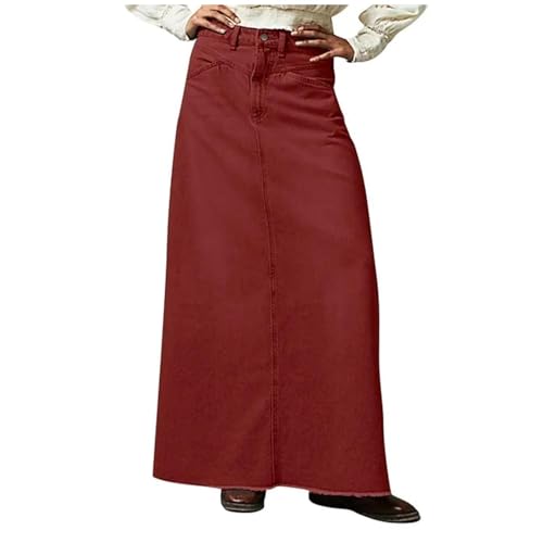 Maxi Jeansrock Damen Jeans Rock Maxirock Mit Taschen Strandrock Lang Röck Vintage Maxi Röck Denim Stretch Maxirock Wickelrock für Frauen Einfarbig Freizeitrock Sommerrock Herbstrock Elegant (Red, XL) von TIMIYUYU