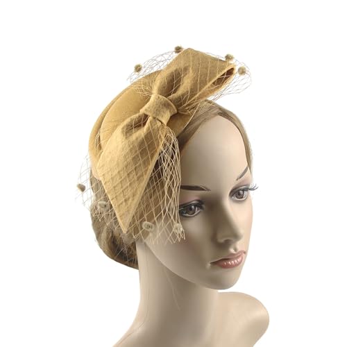 Mesh Tea Party Stirnband Fascinator Hut FascinatorClips Hut Damen Haarschmuck Mesh Fascinator Hut Für Damen Für Party Kirche Hochzeit Cocktail Kopfbedeckung Hochzeit Teeparty (Khaki, One Size) von TIMIYUYU