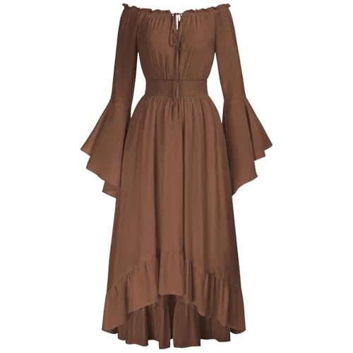Mittelalter Kostüm Schulterfrei mit Trompetenärmel, Trachtenkleid Mittelalter Maxi Kleid Damen Rockabilly Kleid Gothic Kleid für Halloween Karneval, Damen Mittelalter Kleidung Frauen (Brown, XXL) von TIMIYUYU