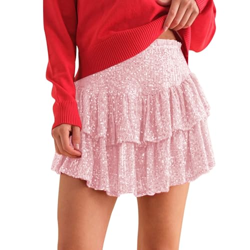 Pailletten Rock mit Shorts, Plissee A Linien Mini Pailletten Rock Glänzender Minirock Dehnbar Faltenrock Partykleid Cocktailkleid Tanzkleid für Damen Mädchen Karneval Cosplay Performance (Pink, M) von TIMIYUYU