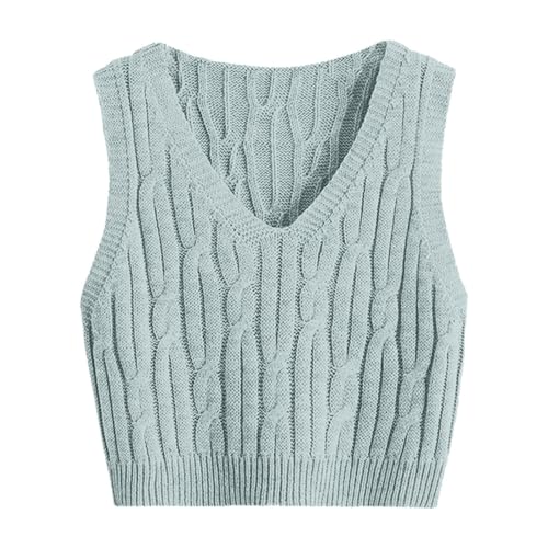 Pullunder Damen Strick Tank Top Crop Sweater Pullover Mädchen Freizeit Ärmellos Strickpullover Casual Einfarbig Strickweste Häkelweste Tanktop Basic Strickpullunder Streetwear Soft (Light Blue, S) von TIMIYUYU