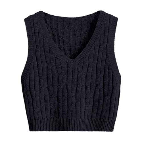Pullunder Damen Strick Tank Top Crop Sweater Pullover Mädchen Freizeit Ärmellos Strickpullover Casual Einfarbig Strickweste Häkelweste Tanktop Basic Strickpullunder Streetwear Soft Casual (Black, M) von TIMIYUYU