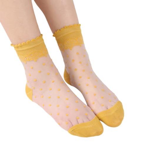 Rüschen Socken Damen Durchsichtige Netz Sommersocken für Damen Feinsöckchen Transparente Spitze Strumpfsöckchen Atmungsaktive Socken Bequeme Strümpfe Sommer Alltagssöckchen Nylon (Yellow, One Size) von TIMIYUYU
