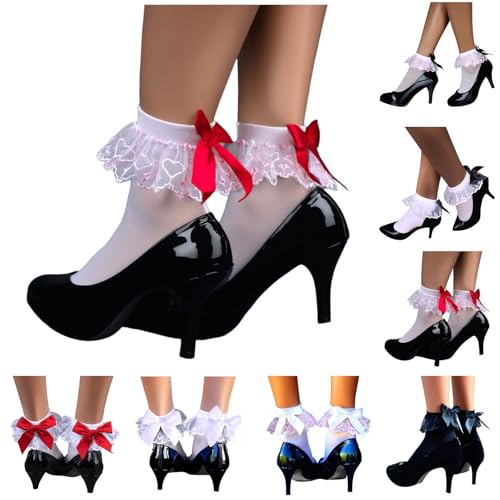 Rüschen Söckchen Spitze mit Schleifen für Damen Mädchen Kurze Nylonstrümpfe Spitzensocken Knöchelsocken Trachtensocken Kurz Seidenstrümpfe Ballettsocken 1 Paar Rüschen Kleidung (Black, One Size) von TIMIYUYU