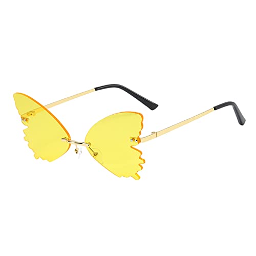Schmetterling Sonnenbrille Randlose Sonnenbrille Rimless Augenschutzbrille für Damen Herren Festival Sonnenbrille Bunte Unregelmäßige Sonnenbrillen Butterfly Eyewear für Strand (Yellow, One Size) von TIMIYUYU