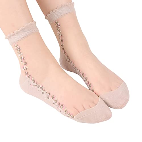 Sommer Damen Söckchen Atmungsaktiv Nylonsöckchen Feinstrümpfe Ultradünne Schöne Spitze Socken Transparente Söckchen Mode Freizeitsocken Lace Strumpf Sommer Socks Spitzensocken (Beige, One Size) von TIMIYUYU