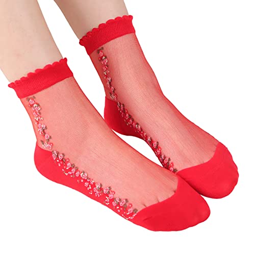 Sommer Damen Söckchen Atmungsaktiv Nylonsöckchen Feinstrümpfe Ultradünne Schöne Spitze Socken Transparente Söckchen Mode Freizeitsocken Lace Strumpf Sommer Socks Spitzensocken (Red, One Size) von TIMIYUYU