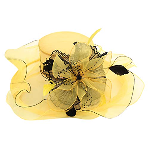 Sonnenhut Damen Sommerhut Elegant Fascinator Organzahut mit Breiter Krempe Strandhut Sonnenschutz Fischerhut Faltbarer Sommer Outdoor Kirche Party Hochzeit Damenhut Bowler Hut (Gelb, One Size) von TIMIYUYU