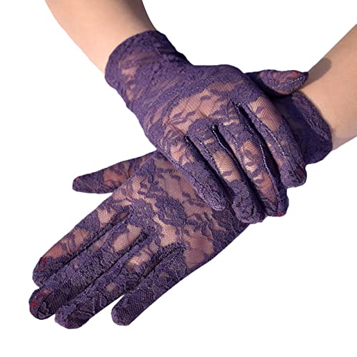 Spitzenhandschuhe Sommerhandschuhe Kurze Damen Spitzen Handschuhe Netz Handschuhe Elegant Hochzeit Party Handschuhe Brauthandschuhe Sonnenschutzhandschuhe für Frauen Mädchen Lace (Purple, One Size) von TIMIYUYU