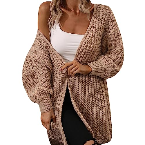Strickjacke Damen Langarm Grobstrickjacke Cardigan Warme Strickjacke Gestrickte Cardigan Grobstrick Open Front Sweater Longstrickjacke Wintermäntel Strickjacke Lang Strickmantel Coat Herbst (Beige, M) von TIMIYUYU