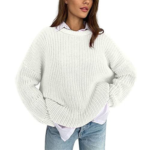 Strickpullover Damen Grobstrick Pullover Winterpullover Vintage Grobstrickpullover Sweatshirt Strickpulli Sweater Casual Pulli Oberteile Winter Warm Outwear Knitted Weihnachten Winterpullis (White, L) von TIMIYUYU