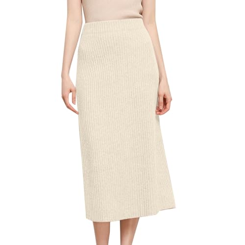 Strickrock Damen Herbst Winter Gestrickter Rock Moderock für Frauen Hoher Taille Maxirock Casual Strickrock Langer Bleistiftrock Freizeitrock Elastische Stricken Gestrickt Röcke Winterrock (Beige, L) von TIMIYUYU