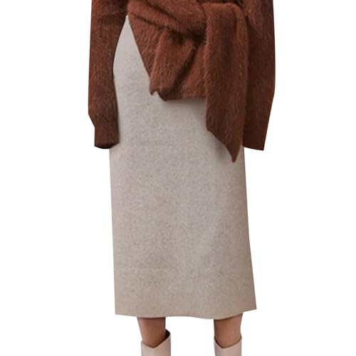 Strickrock Hohe Taille Skirt Damen Elegant Midirock Herbst Winter Vintage Retro Röcke Slim Fit Freizeitrock Winterrock Stricken Gestrickt Knielänge Strickrock Casual Lange Röcke Knit Midi (Beige, XXL) von TIMIYUYU