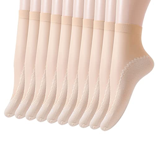 TIMIYUYU 10 Paar Transparente Söckchen Damen Nylon Socken Bequeme Baumwoll Socken Elastische Nylon Socken Atmungsaktive Rutschfeste Socken Unsichtbare Socken Sommer Nylonstrümpfe (Beige, One Size) von TIMIYUYU