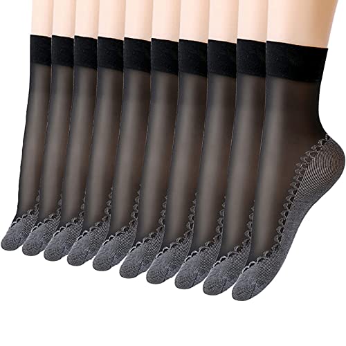 TIMIYUYU 10 Paar Transparente Söckchen Damen Nylon Socken Bequeme Baumwoll Socken Elastische Nylon Socken Atmungsaktive Rutschfeste Socken Unsichtbare Socken Sommer Nylonstrümpfe (Black, One Size) von TIMIYUYU