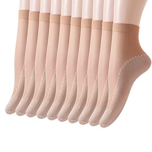 TIMIYUYU 10 Paar Transparente Söckchen Damen Nylon Socken Bequeme Baumwoll Socken Elastische Nylon Socken Atmungsaktive Rutschfeste Socken Unsichtbare Socken Sommer Nylonstrümpfe (Coffee, One Size) von TIMIYUYU