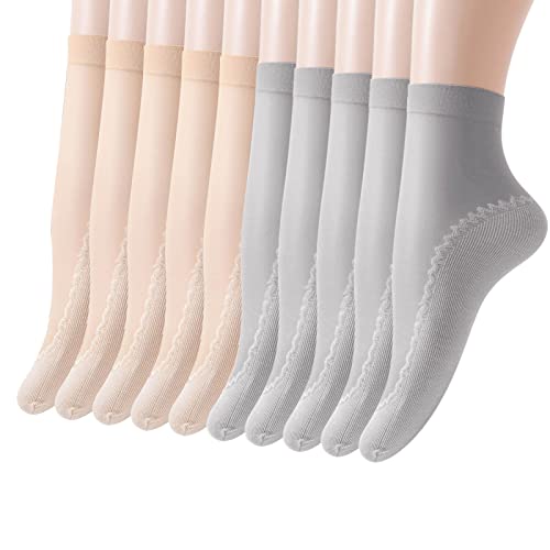 TIMIYUYU 10 Paar Transparente Söckchen Damen Nylon Socken Bequeme Baumwoll Socken Elastische Nylon Socken Atmungsaktive Rutschfeste Socken Unsichtbare Socken Sommer Nylonstrümpfe (Khaki, One Size) von TIMIYUYU