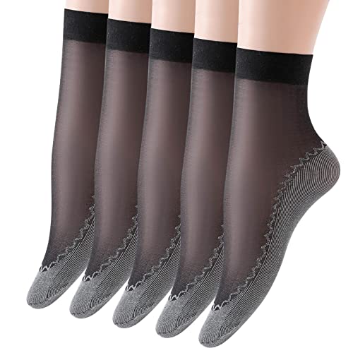 TIMIYUYU 5 Paar Damen Mädchen Nylon Socken Transparente Nylonstrümpfe Elastische Sommer Dünne Baumwoll Socken Atmungsaktive Bequeme Kristall Söckchen Rutschfest Feinstrumpfsöckchen (Black, One Size) von TIMIYUYU