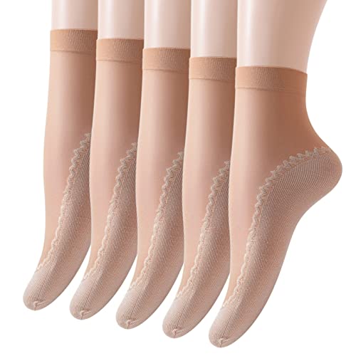 TIMIYUYU 5 Paar Damen Mädchen Nylon Socken Transparente Nylonstrümpfe Elastische Sommer Dünne Baumwoll Socken Atmungsaktive Bequeme Kristall Söckchen Rutschfest Feinstrumpfsöckchen (Coffee, One Size) von TIMIYUYU