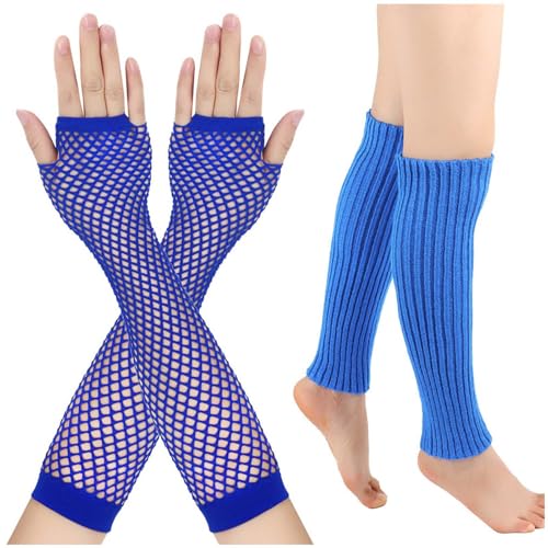 TIMIYUYU Beinstulpen Netzhandschuhe Set Beinwärmer Fischnetz Handschuhe Set Elastische Stulpen Damen Lang Netzhandschuhe Weich Sportgeschenk 80er Jahre Kostüm Zubehör für Damen Retro (Blue, One Size) von TIMIYUYU