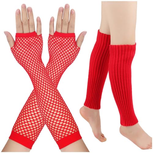 TIMIYUYU Beinstulpen Netzhandschuhe Set Beinwärmer Fischnetz Handschuhe Set Elastische Stulpen Damen Lang Netzhandschuhe Weich Sportgeschenk 80er Jahre Kostüm Zubehör für Damen Retro (Red, One Size) von TIMIYUYU