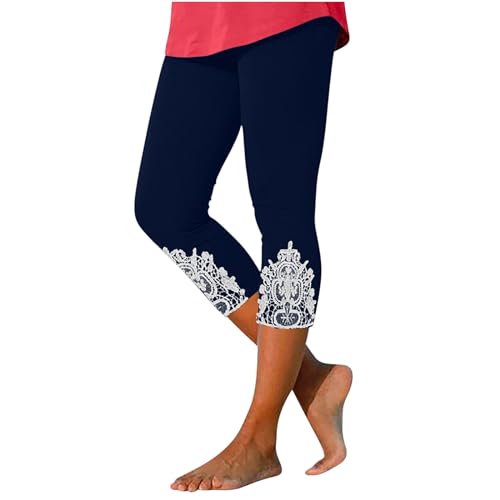 TIMIYUYU Capri Leggings mit Spitze Damen 3/4 Caprihose Elastische Blickdicht Yogahose Sporthose Laufhose Sommerleggings Damen Leicht Leggins 7/8 Workout Tights Hohe Taille Slim Fitnesshose (Navy, XL) von TIMIYUYU