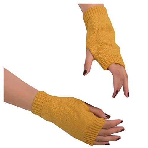 TIMIYUYU Damen Fingerlose Handschuhe Frauen Halb Handschuhe Armstulpen Fäustlinge Winter Gestrickte Pulswärmer Strick Kurzer Warme Strickhandschuhe Weihnachten Geschenke (Gelb, One Size) von TIMIYUYU