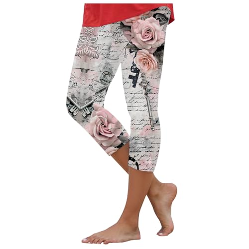 TIMIYUYU Damen Leggings 3/4 Capri Leggings Bunte Blumen Jogginghose High Waist 3/4 Sporthose Drucken Capri Cropped Hose Freizeithose Stretch Stoffhose Sommerhose Blickdicht Yogahosen Sporthose (XXL) von TIMIYUYU
