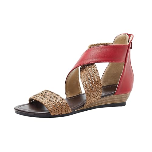 TIMIYUYU Damen Römersandalen Elegant Sandals Boho Strandschuhe Sommerschuhe Damenschuhe Frauen Bequem Freizeit Sandalette mit Keilabsatz Plateau Sandalette Reißverschluss Hinten Sandalen (Red, 37.5) von TIMIYUYU