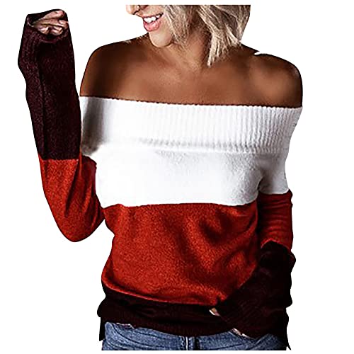 TIMIYUYU Damen Sexy Off Shoulder Pullover Gestreift Schulterfrei Strickpullover Strickpulli Mode Elegant Strick Oberteile Sweatshirt Langarm Sweater Outwear Tops für Frauen (rot, S) von TIMIYUYU